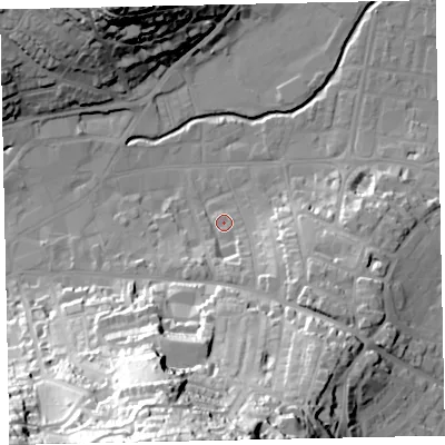 Shaded relief map of the ground around TQ122LR, computed from Environment Agency LiDAR. The ground here sits at about 6 m above sea level and falls 73 m across the surrounding 800 m. Surface water reaching this point runs off ground lying to the south-south-east, 7.0 m higher.