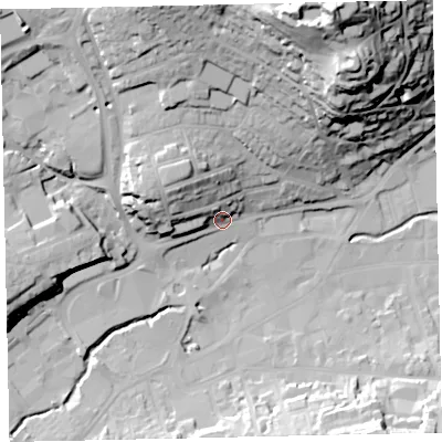 Shaded relief map of the ground around TQ122LX, computed from Environment Agency LiDAR. The ground here sits at about 9 m above sea level and falls 63 m across the surrounding 800 m. Surface water reaching this point runs off ground lying to the north-west, 17.8 m higher.