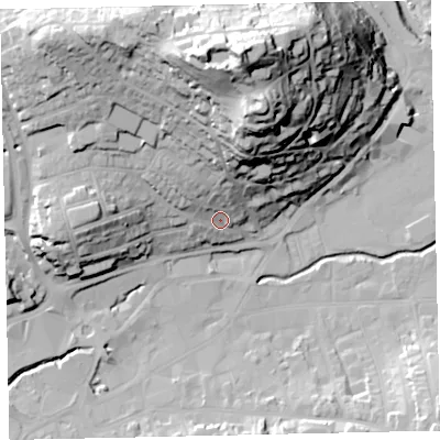Shaded relief map of the ground around TQ122LZ, computed from Environment Agency LiDAR. The ground here sits at about 12 m above sea level and falls 64 m across the surrounding 800 m. Surface water reaching this point runs off ground lying to the north, 51.5 m higher.