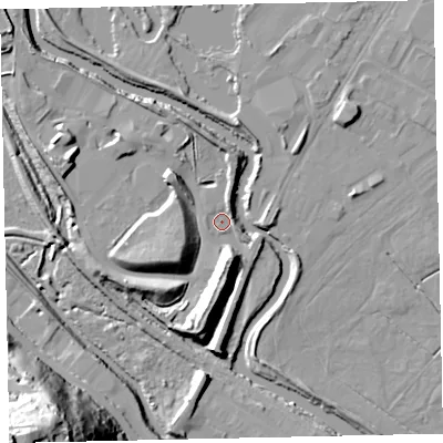 Shaded relief map of the ground around TQ122PA, computed from Environment Agency LiDAR. The ground here sits at about 4 m above sea level and falls 56 m across the surrounding 800 m. Surface water reaching this point runs off ground lying to the south, 11.5 m higher.