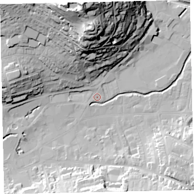Shaded relief map of the ground around TQ122PF, computed from Environment Agency LiDAR. The ground here sits at about 4 m above sea level and falls 64 m across the surrounding 800 m. Surface water reaching this point runs off ground lying to the west, 2.7 m higher.