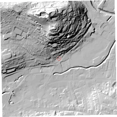 Shaded relief map of the ground around TQ122PQ, computed from Environment Agency LiDAR. The ground here sits at about 5 m above sea level and falls 64 m across the surrounding 800 m. Surface water reaching this point runs off ground lying to the north-north-west, 59.9 m higher.