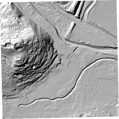 Shaded relief map of the ground around TQ122QA, computed from Environment Agency LiDAR. The ground here sits at about 7 m above sea level and falls 64 m across the surrounding 800 m. Surface water reaching this point runs off ground lying to the west-north-west, 53.9 m higher.