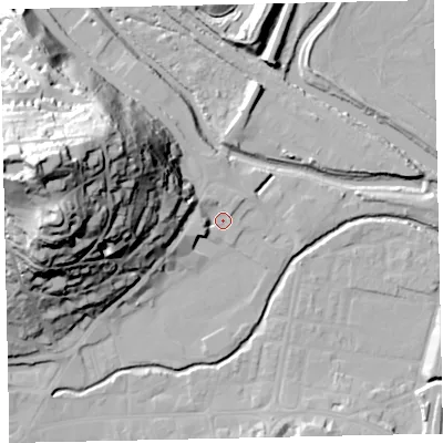 Shaded relief map of the ground around TQ122QB, computed from Environment Agency LiDAR. The ground here sits at about 4 m above sea level and falls 64 m across the surrounding 800 m. Surface water reaching this point runs off ground lying to the west, 5.1 m higher.