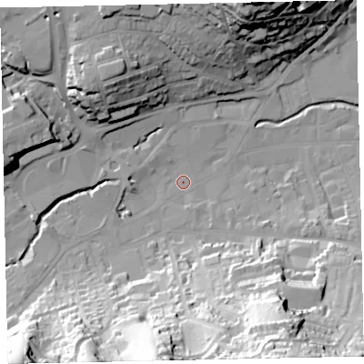 Shaded relief map of the ground around TQ122QH, computed from Environment Agency LiDAR. The ground here sits at about 5 m above sea level and falls 65 m across the surrounding 800 m. Surface water reaching this point runs off ground lying to the south-south-east, 61.6 m higher.