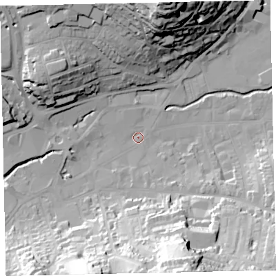 Shaded relief map of the ground around TQ122QL, computed from Environment Agency LiDAR. The ground here sits at about 5 m above sea level and falls 56 m across the surrounding 800 m. Surface water reaching this point runs off ground lying to the north-north-west, 24.1 m higher.