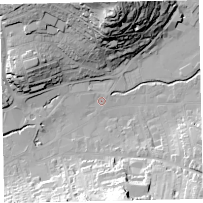 Shaded relief map of the ground around TQ122QN, computed from Environment Agency LiDAR. The ground here sits at about 5 m above sea level and falls 53 m across the surrounding 800 m. Surface water reaching this point runs off ground lying to the west-north-west, 1.2 m higher.