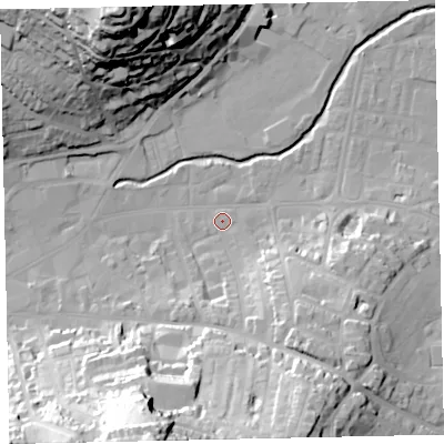 Shaded relief map of the ground around TQ122QP, computed from Environment Agency LiDAR. The ground here sits at about 4 m above sea level and falls 54 m across the surrounding 800 m. Surface water reaching this point runs off ground lying to the south-south-east, 30.6 m higher.