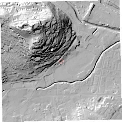 Shaded relief map of the ground around TQ122QQ, computed from Environment Agency LiDAR. The ground here sits at about 5 m above sea level and falls 64 m across the surrounding 800 m. Surface water reaching this point runs off ground lying to the north-west, 58.3 m higher.