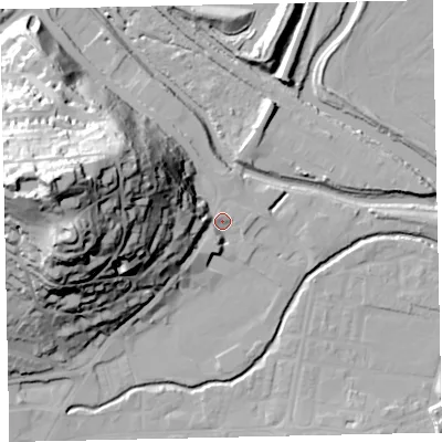 Shaded relief map of the ground around TQ122QR, computed from Environment Agency LiDAR. The ground here sits at about 5 m above sea level and falls 64 m across the surrounding 800 m. Surface water reaching this point runs off ground lying to the west-north-west, 55.1 m higher.