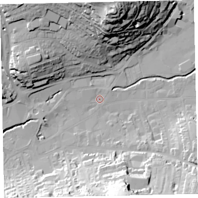 Shaded relief map of the ground around TQ122QW, computed from Environment Agency LiDAR. The ground here sits at about 5 m above sea level and falls 53 m across the surrounding 800 m. Surface water reaching this point runs off ground lying to the north-west, 28.0 m higher.