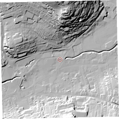 Shaded relief map of the ground around TQ122QX, computed from Environment Agency LiDAR. The ground here sits at about 5 m above sea level and falls 58 m across the surrounding 800 m. Surface water reaching this point runs off ground lying to the west-north-west, 1.8 m higher.