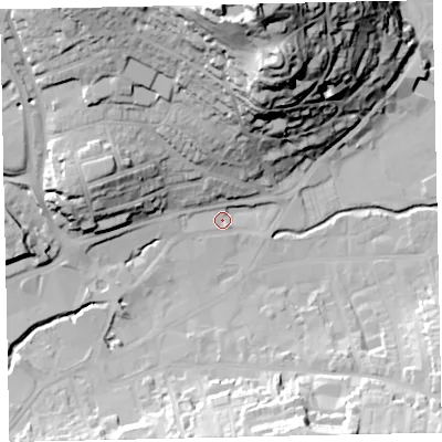 Shaded relief map of the ground around TQ122QY, computed from Environment Agency LiDAR. The ground here sits at about 5 m above sea level and falls 63 m across the surrounding 800 m. Surface water reaching this point runs off ground lying to the west-north-west, 2.7 m higher.