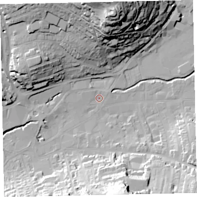Shaded relief map of the ground around TQ122QZ, computed from Environment Agency LiDAR. The ground here sits at about 5 m above sea level and falls 53 m across the surrounding 800 m. Surface water reaching this point runs off ground lying to the north-north-west, 29.2 m higher.
