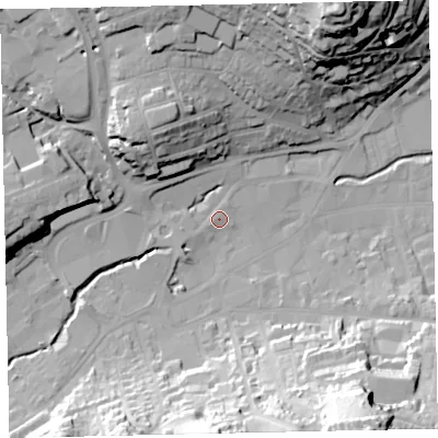 Shaded relief map of the ground around TQ122RB, computed from Environment Agency LiDAR. The ground here sits at about 6 m above sea level and falls 52 m across the surrounding 800 m. Surface water reaching this point runs off ground lying to the west-south-west, 3.4 m higher.