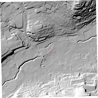 Shaded relief map of the ground around TQ122RJ, computed from Environment Agency LiDAR. The ground here sits at about 6 m above sea level and falls 52 m across the surrounding 800 m. Surface water reaching this point runs off ground lying to the north, 26.3 m higher.