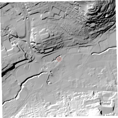 Shaded relief map of the ground around TQ122RL, computed from Environment Agency LiDAR. The ground here sits at about 6 m above sea level and falls 52 m across the surrounding 800 m. Surface water reaching this point runs off ground lying to the north-north-west, 29.2 m higher.