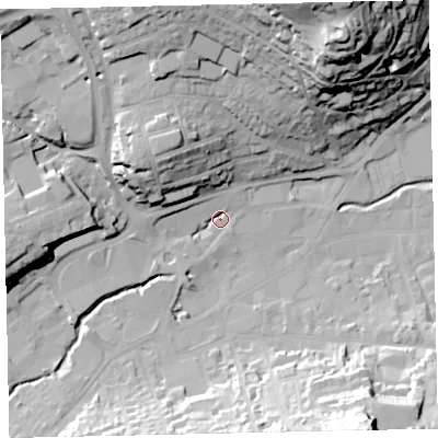 Shaded relief map of the ground around TQ122RN, computed from Environment Agency LiDAR. The ground here sits at about 5 m above sea level and falls 55 m across the surrounding 800 m. Surface water reaching this point runs off ground lying to the north, 30.4 m higher.