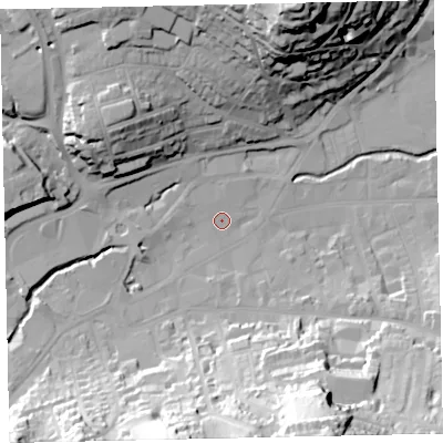 Shaded relief map of the ground around TQ122RX, computed from Environment Agency LiDAR. The ground here sits at about 5 m above sea level and falls 53 m across the surrounding 800 m. Surface water reaching this point runs off ground lying to the north-north-west, 24.9 m higher.