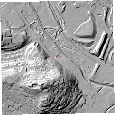 Shaded relief map of the ground around TQ122SL, computed from Environment Agency LiDAR. The ground here sits at about 4 m above sea level and falls 64 m across the surrounding 800 m. Surface water reaching this point runs off ground lying to the south-south-west, 61.7 m higher.