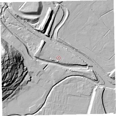 Shaded relief map of the ground around TQ122SN, computed from Environment Agency LiDAR. The ground here sits at about 5 m above sea level and falls 48 m across the surrounding 800 m. Surface water reaching this point runs off ground lying to the south, 2.4 m higher.