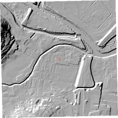 Shaded relief map of the ground around TQ122TE, computed from Environment Agency LiDAR. The ground here sits at about 3 m above sea level and falls 33 m across the surrounding 800 m. Surface water reaching this point runs off ground lying to the east-north-east, 1.4 m higher.
