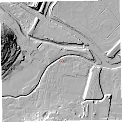 Shaded relief map of the ground around TQ122TF, computed from Environment Agency LiDAR. The ground here sits at about 4 m above sea level and falls 42 m across the surrounding 800 m. Surface water reaching this point runs off ground lying to the west-north-west, 41.3 m higher.