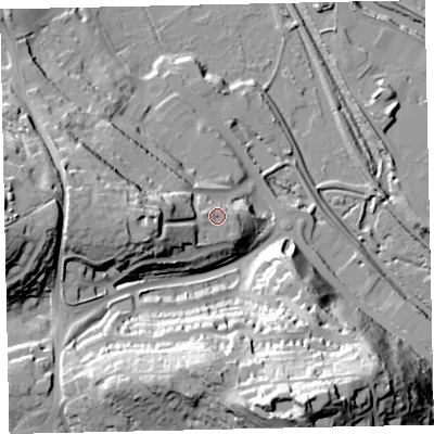 Shaded relief map of the ground around TQ122TN, computed from Environment Agency LiDAR. The ground here sits at about 17 m above sea level and falls 64 m across the surrounding 800 m. Surface water reaching this point runs off ground lying to the west, 18.2 m higher.