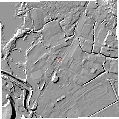 Shaded relief map of the ground around TQ123AD, computed from Environment Agency LiDAR. The ground here sits at about 2 m above sea level and falls 12 m across the surrounding 800 m. Surface water reaching this point runs off ground lying to the north-east, 10.5 m higher.
