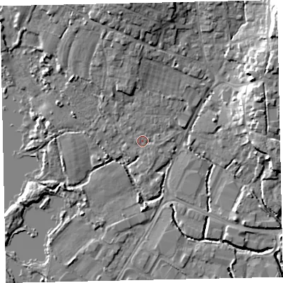 Shaded relief map of the ground around TQ123AE, computed from Environment Agency LiDAR. The ground here sits at about 3 m above sea level and falls 16 m across the surrounding 800 m. Surface water reaching this point runs off ground lying to the north, 5.4 m higher.