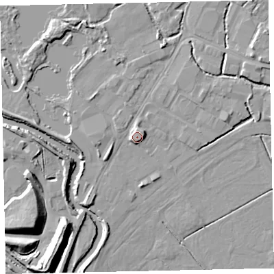 Shaded relief map of the ground around TQ123AF, computed from Environment Agency LiDAR. The ground here sits at about 5 m above sea level and falls 13 m across the surrounding 800 m. Surface water reaching this point runs off ground lying to the east-south-east, 3.0 m higher.