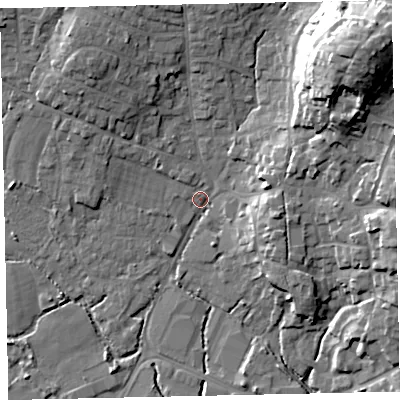 Shaded relief map of the ground around TQ123AJ, computed from Environment Agency LiDAR. The ground here sits at about 5 m above sea level and falls 30 m across the surrounding 800 m. Surface water reaching this point runs off ground lying to the north-east, 27.6 m higher.