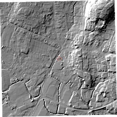Shaded relief map of the ground around TQ123AL, computed from Environment Agency LiDAR. The ground here sits at about 4 m above sea level and falls 30 m across the surrounding 800 m. Surface water reaching this point runs off ground lying to the north-east, 27.7 m higher.