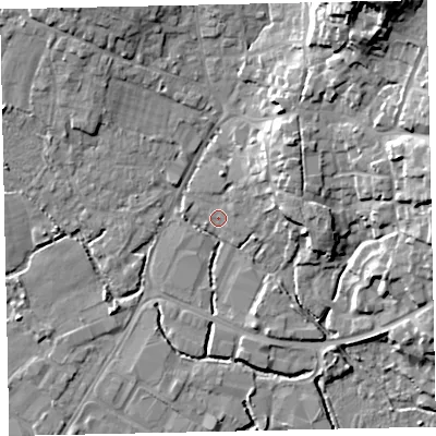Shaded relief map of the ground around TQ123AN, computed from Environment Agency LiDAR. The ground here sits at about 3 m above sea level and falls 26 m across the surrounding 800 m. Surface water reaching this point runs off ground lying to the north-east, 9.2 m higher.