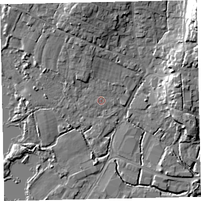 Shaded relief map of the ground around TQ123AQ, computed from Environment Agency LiDAR. The ground here sits at about 4 m above sea level and falls 23 m across the surrounding 800 m. Surface water reaching this point runs off ground lying to the north, 4.5 m higher.