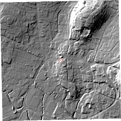 Shaded relief map of the ground around TQ123AS, computed from Environment Agency LiDAR. The ground here sits at about 10 m above sea level and falls 32 m across the surrounding 800 m. Surface water reaching this point runs off ground lying to the north-east, 6.2 m higher.