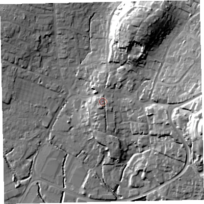 Shaded relief map of the ground around TQ123AT, computed from Environment Agency LiDAR. The ground here sits at about 12 m above sea level and falls 40 m across the surrounding 800 m. Surface water reaching this point runs off ground lying to the east, 1.3 m higher.