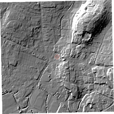 Shaded relief map of the ground around TQ123AW, computed from Environment Agency LiDAR. The ground here sits at about 6 m above sea level and falls 29 m across the surrounding 800 m. Surface water reaching this point runs off ground lying to the east-south-east, 6.7 m higher.
