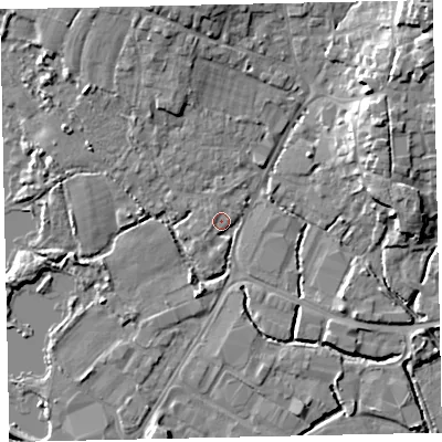 Shaded relief map of the ground around TQ123BJ, computed from Environment Agency LiDAR. The ground here sits at about 3 m above sea level and falls 20 m across the surrounding 800 m. Surface water reaching this point runs off ground lying to the north-north-west, 8.5 m higher.
