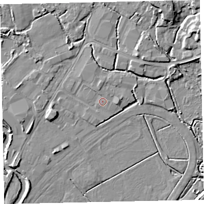 Shaded relief map of the ground around TQ123BN, computed from Environment Agency LiDAR. The ground here sits at about 3 m above sea level and falls 12 m across the surrounding 800 m. Surface water reaching this point runs off ground lying to the north-north-west, 0.9 m higher.