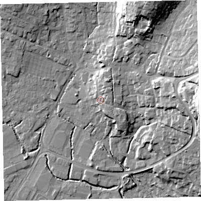 Shaded relief map of the ground around TQ123BQ, computed from Environment Agency LiDAR. The ground here sits at about 9 m above sea level and falls 30 m across the surrounding 800 m. Surface water reaching this point runs off ground lying to the north-east, 5.3 m higher.