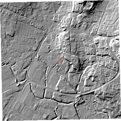 Shaded relief map of the ground around TQ123BW, computed from Environment Agency LiDAR. The ground here sits at about 4 m above sea level and falls 26 m across the surrounding 800 m. Surface water reaching this point runs off ground lying to the north-east, 6.9 m higher.