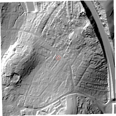 Shaded relief map of the ground around TQ123DL, computed from Environment Agency LiDAR. The ground here sits at about 30 m above sea level and falls 80 m across the surrounding 800 m. Surface water reaching this point runs off ground lying to the north-east, 41.8 m higher.
