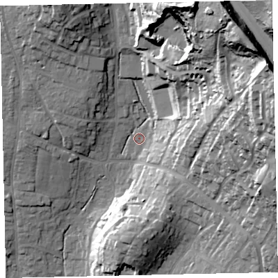 Shaded relief map of the ground around TQ123EA, computed from Environment Agency LiDAR. The ground here sits at about 14 m above sea level and falls 73 m across the surrounding 800 m. Surface water reaching this point runs off ground lying to the north-east, 55.7 m higher.