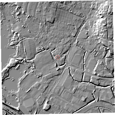 Shaded relief map of the ground around TQ123EF, computed from Environment Agency LiDAR. The ground here sits at about 3 m above sea level and falls 13 m across the surrounding 800 m. Surface water reaching this point runs off ground lying to the north, 7.6 m higher.