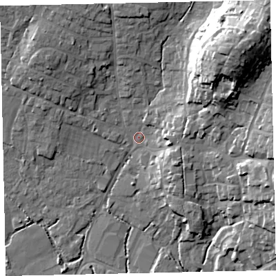 Shaded relief map of the ground around TQ123EG, computed from Environment Agency LiDAR. The ground here sits at about 5 m above sea level and falls 29 m across the surrounding 800 m. Surface water reaching this point runs off ground lying to the north-east, 26.0 m higher.
