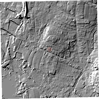 Shaded relief map of the ground around TQ123EH, computed from Environment Agency LiDAR. The ground here sits at about 10 m above sea level and falls 17 m across the surrounding 800 m. Surface water reaching this point runs off ground lying to the north-north-east, 3.3 m higher.