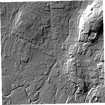 Shaded relief map of the ground around TQ123EQ, computed from Environment Agency LiDAR. The ground here sits at about 5 m above sea level and falls 29 m across the surrounding 800 m. Surface water reaching this point runs off ground lying to the north-north-west, 9.5 m higher.