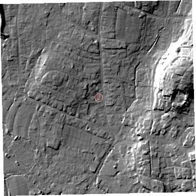 Shaded relief map of the ground around TQ123EZ, computed from Environment Agency LiDAR. The ground here sits at about 7 m above sea level and falls 29 m across the surrounding 800 m. Surface water reaching this point runs off ground lying to the north, 11.4 m higher.