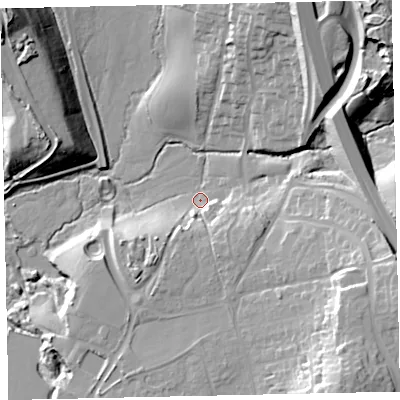 Shaded relief map of the ground around TQ123FJ, computed from Environment Agency LiDAR. The ground here sits at about 17 m above sea level and falls 36 m across the surrounding 800 m. Surface water reaching this point runs off ground lying to the south-south-east, 9.5 m higher.